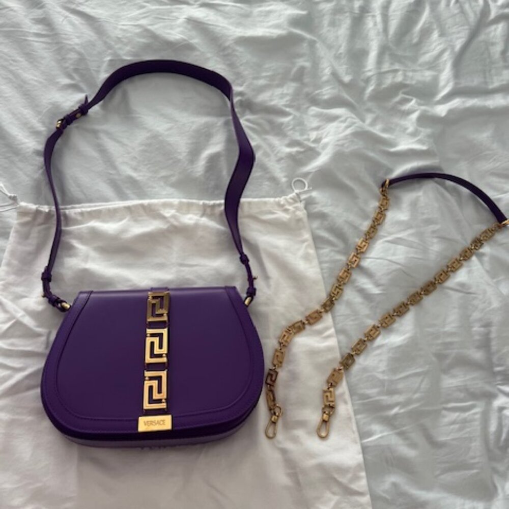 Versace Greca Goddess Leather Saddle Shoulder Bag (Purple / Dark Orchid)
